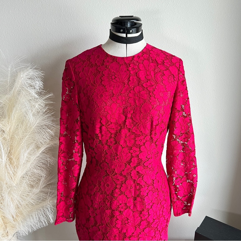 Carolina Herrera Red Lace High Neck Above Knee Sheath Dress - Picture 6 of 15